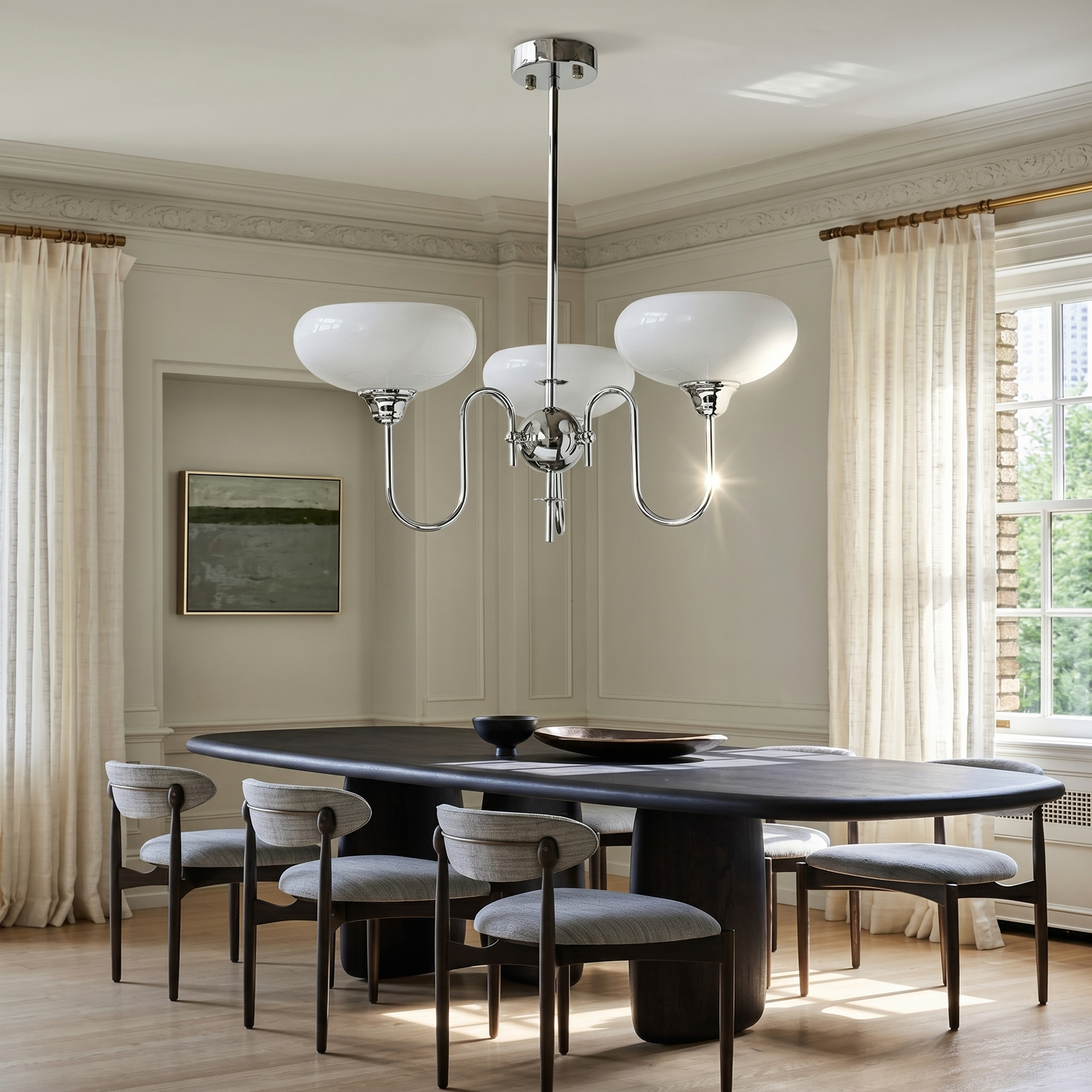 Modern Silver Gooseneck Globe Chandelier - Chrome Mid-Century Pendant