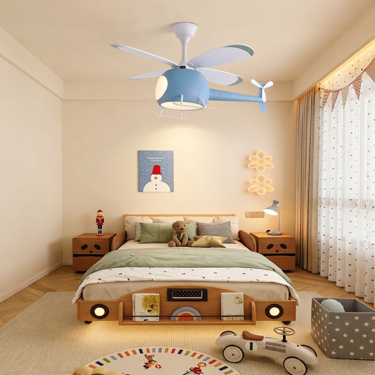 4-Blade Helicopter Ceiling Fan Lighting Kids 3-Color LED Playroom Chandelier