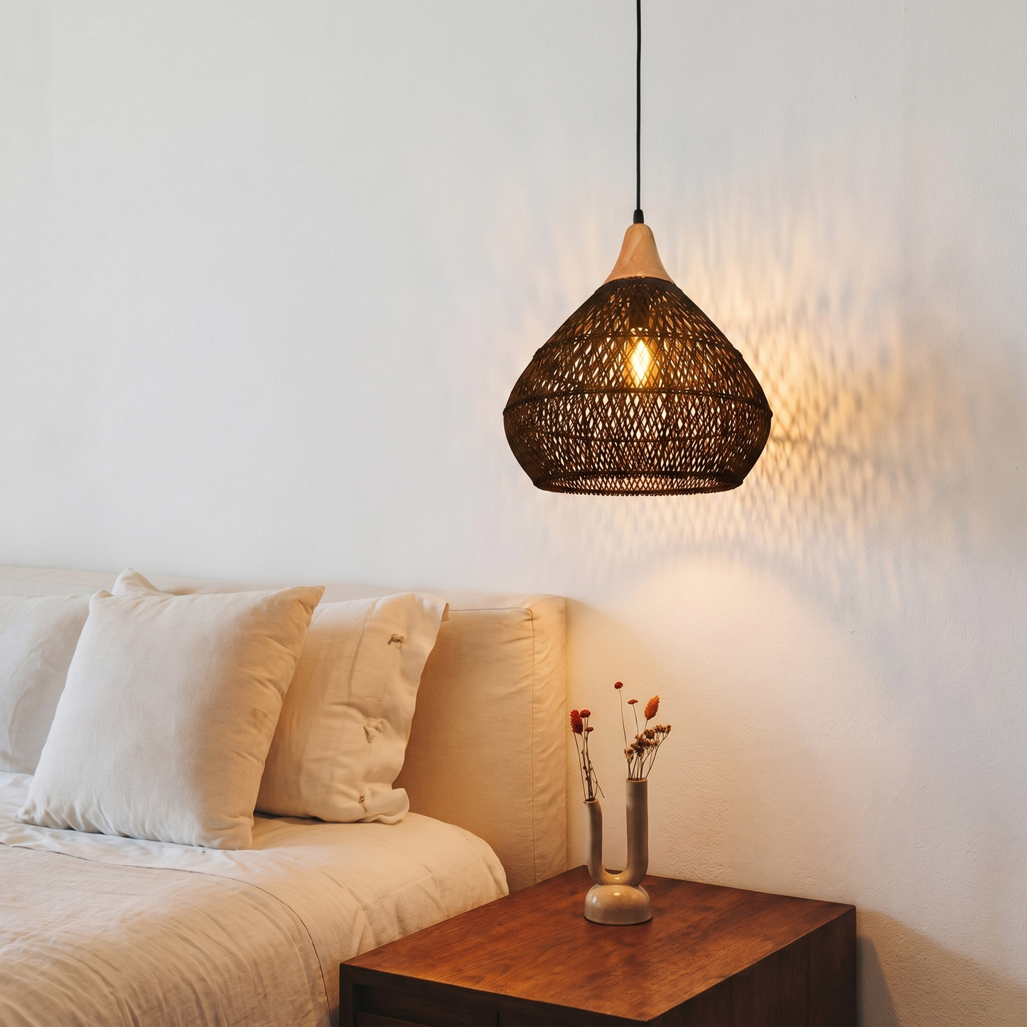 Modern Matte Black Rattan Pendant Light - Industrial Teardrop Chandelier