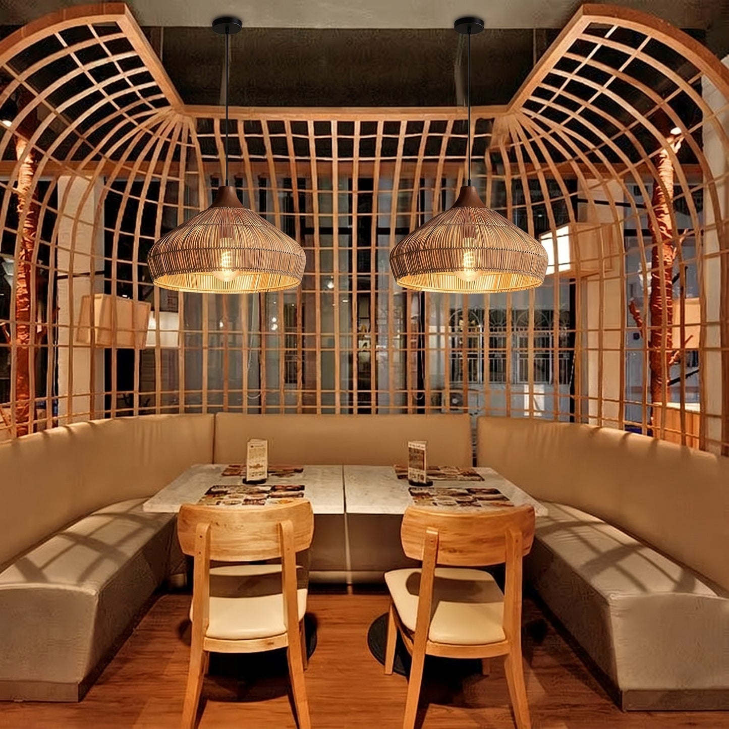 Wabi-sabi Retro Rattan Pendant Wicker Light Fixture Hand-Woven Coastal Boho Dome Lamp