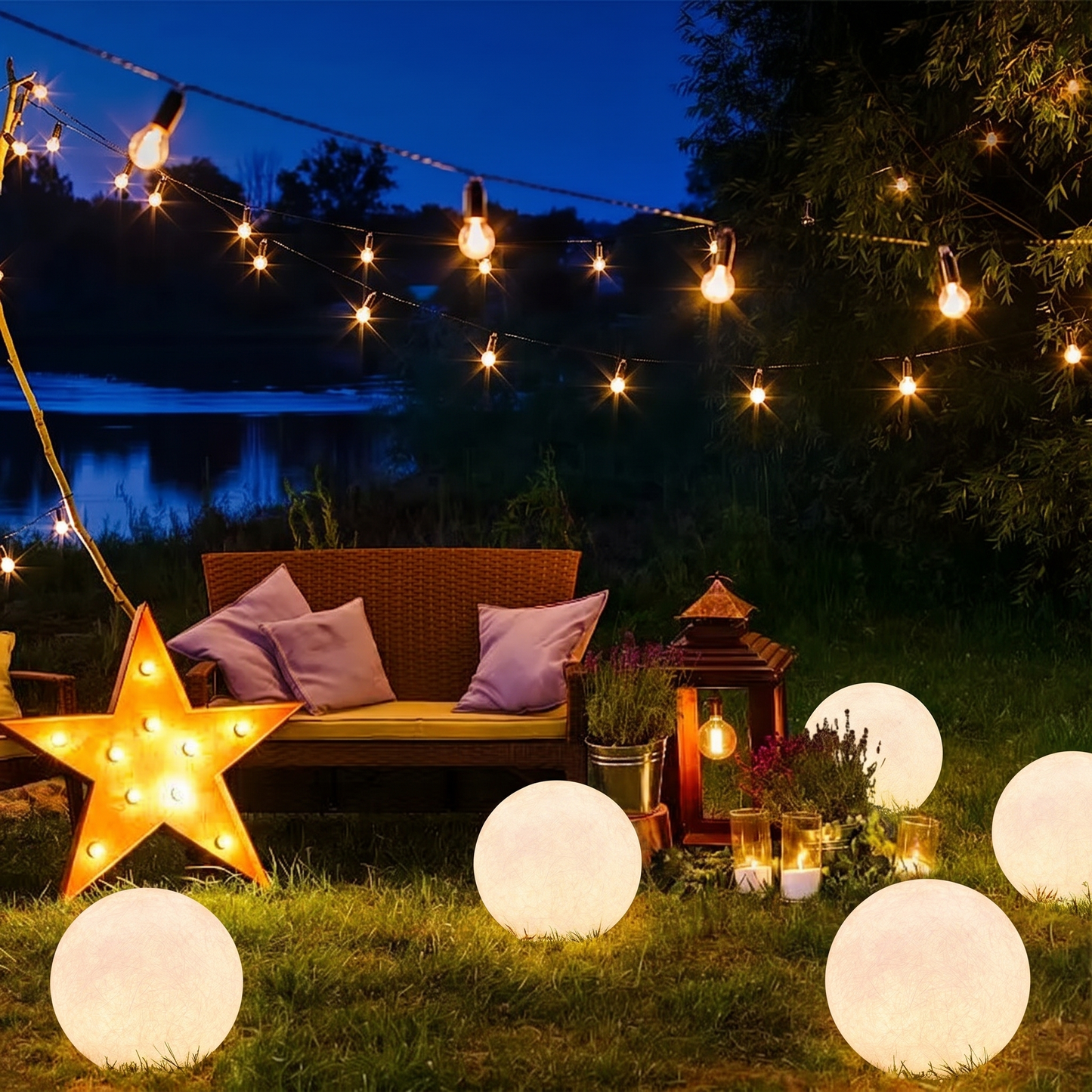 Solar Powered Moon Globe Lamp - Outdoor IP65 Waterproof Hemp Fiber Light