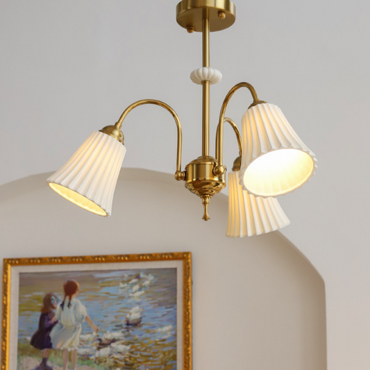French Vintage Brass Chandelier with Pleated Ceramic Shades