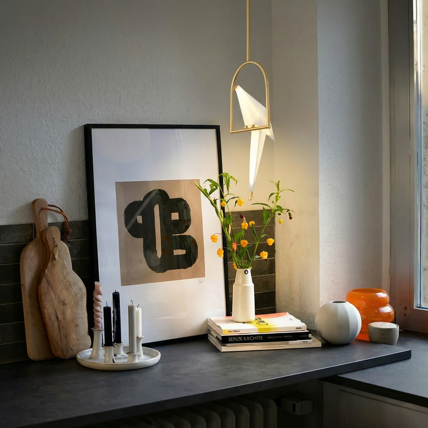 Single Origami Bird Pendant Light | Gold Modern Bedside Lamp