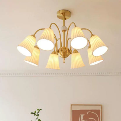 French Vintage Brass Chandelier with Pleated Ceramic Shades