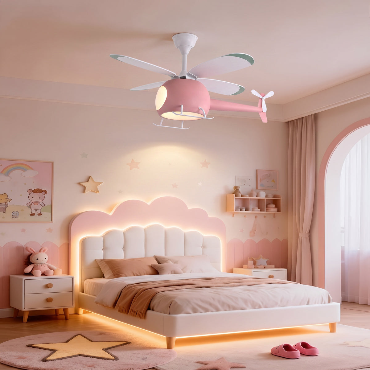 4-Blade Helicopter Ceiling Fan Lighting Kids 3-Color LED Playroom Chandelier