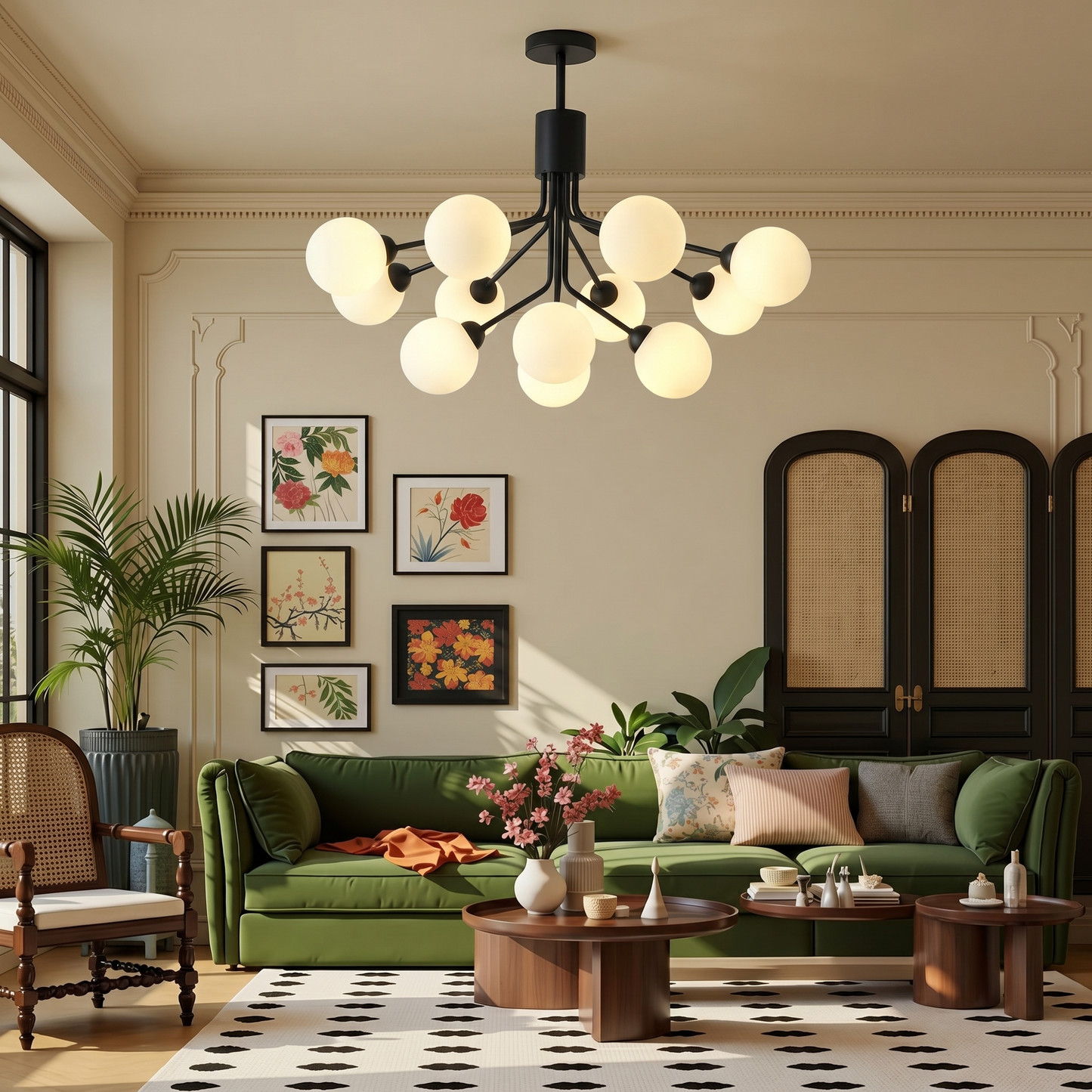Modern Matte Black Branching Globe Chandelier - Nordic 18-Light Pendant