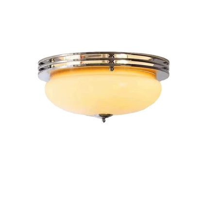 Mid-Century Bauhaus Chrome Flush Mount Ceiling Light - Amber Glass Bowl