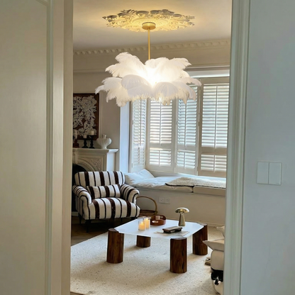 Modern Real Ostrich Feather Chandelier - Luxury Gold Pendant Light