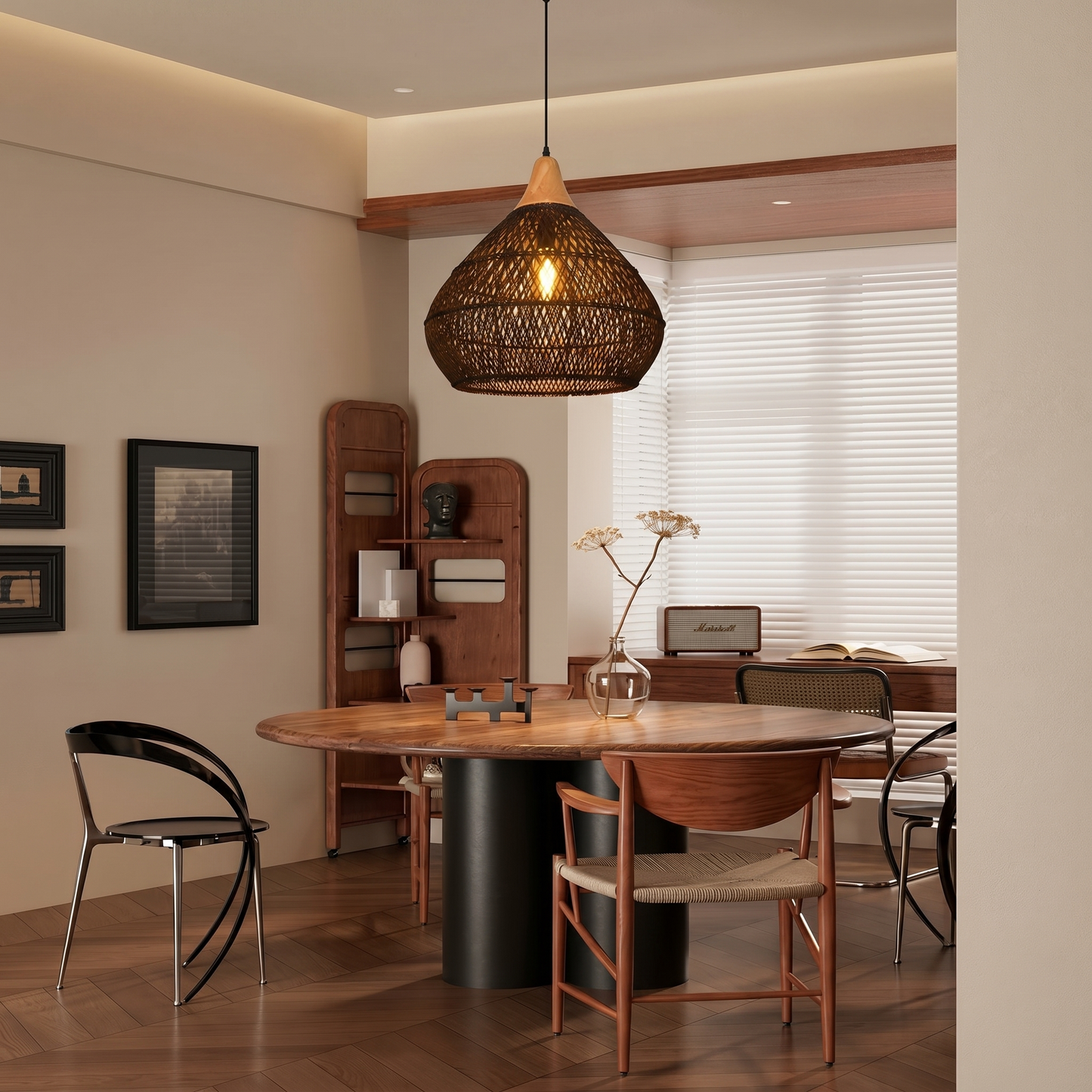 Modern Matte Black Rattan Pendant Light - Industrial Teardrop Chandelier