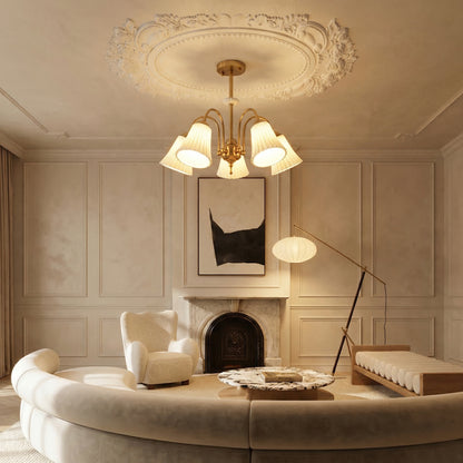 French Vintage Brass Chandelier with Pleated Ceramic Shades