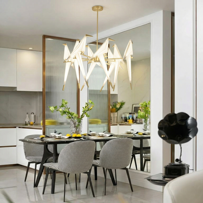 Large 8 Lights Origami Bird Chandelier - Gold Branching Perch Lamp