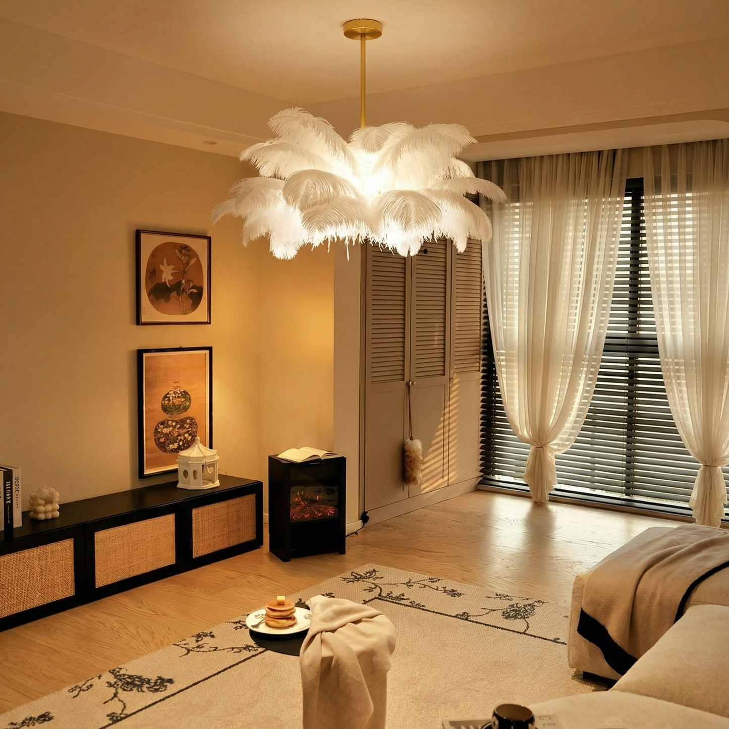 Modern Real Ostrich Feather Chandelier - Luxury Gold Pendant Light