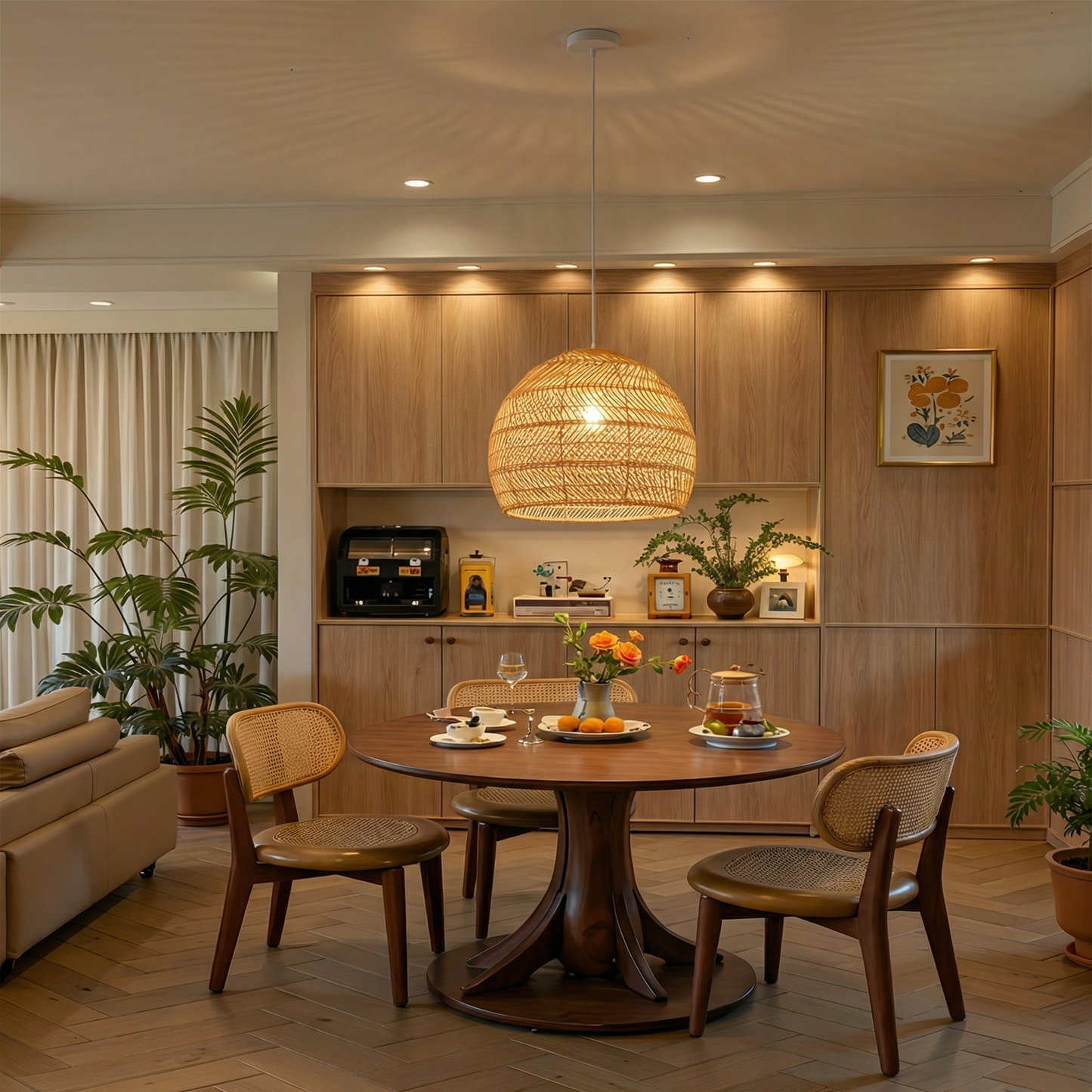 Hand-Woven Rattan Dome Pendant Light - Organic Boho Wicker Chandelier