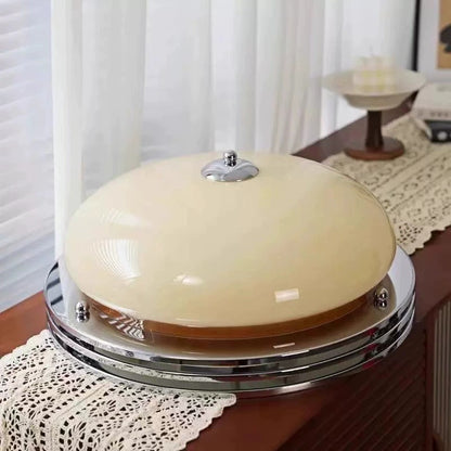 Mid-Century Bauhaus Chrome Flush Mount Ceiling Light - Amber Glass Bowl