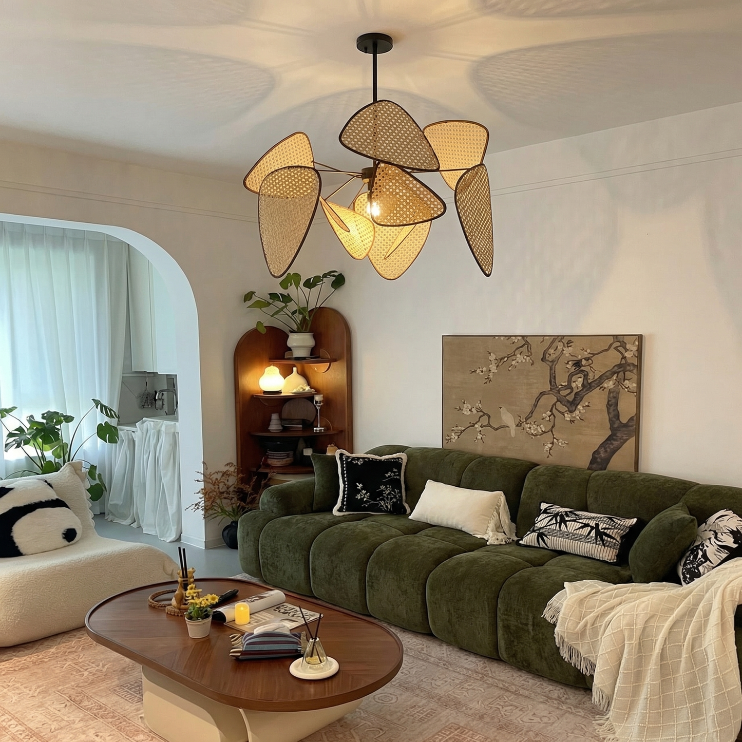 Modern Rattan Pendant Light – Artistic Multi-Leaf Woven Chandelier for Dining & Living Room