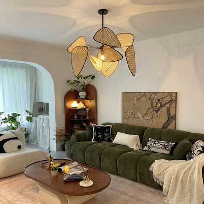 Modern Rattan Pendant Light – Artistic Multi-Leaf Woven Chandelier for Dining & Living Room