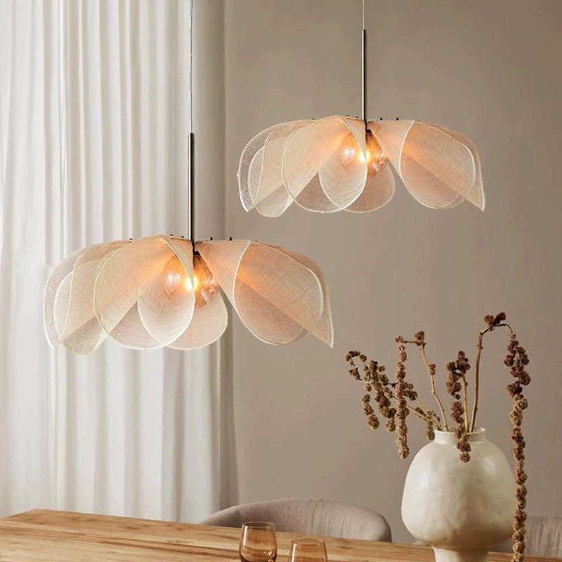 French Petal Linen Pendant Light - Floral Fabric Chandelier Boho