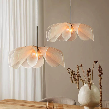 French Petal Linen Pendant Light - Floral Fabric Chandelier Boho