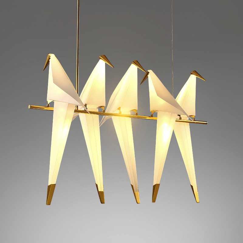 5-Bird Linear Origami Pendant | Grand Gold Kitchen Island Feature