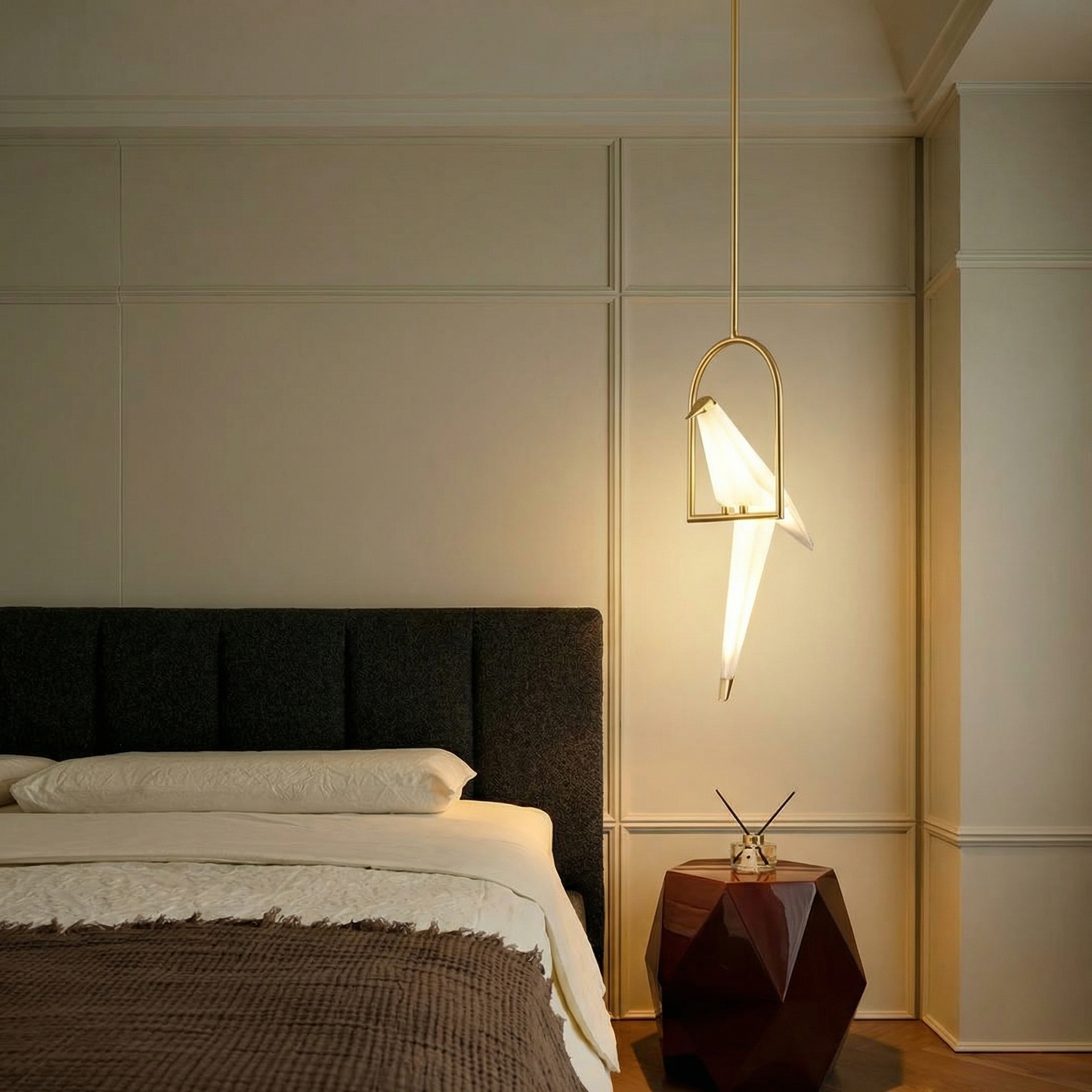 Single Origami Bird Pendant Light | Gold Modern Bedside Lamp