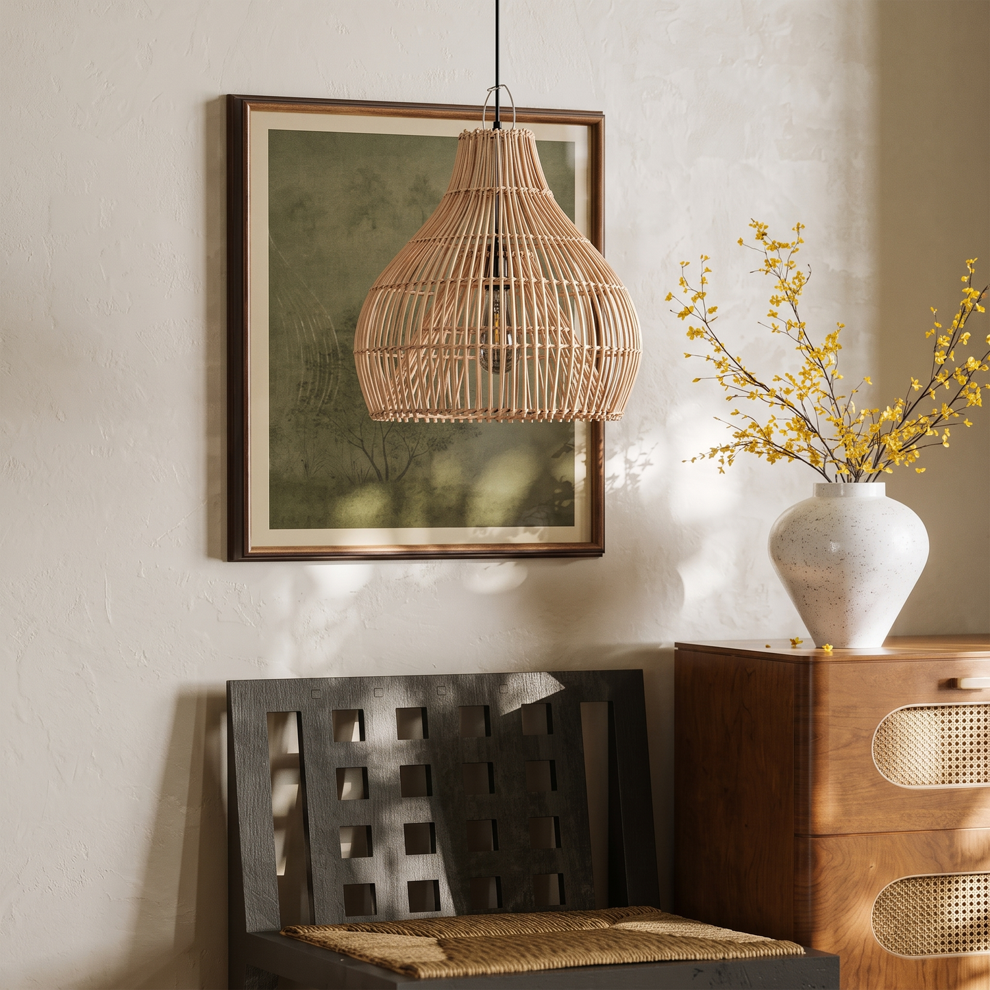Hand-Woven Rattan Wicker Pendant Light - Japandi Gourd Chandelier