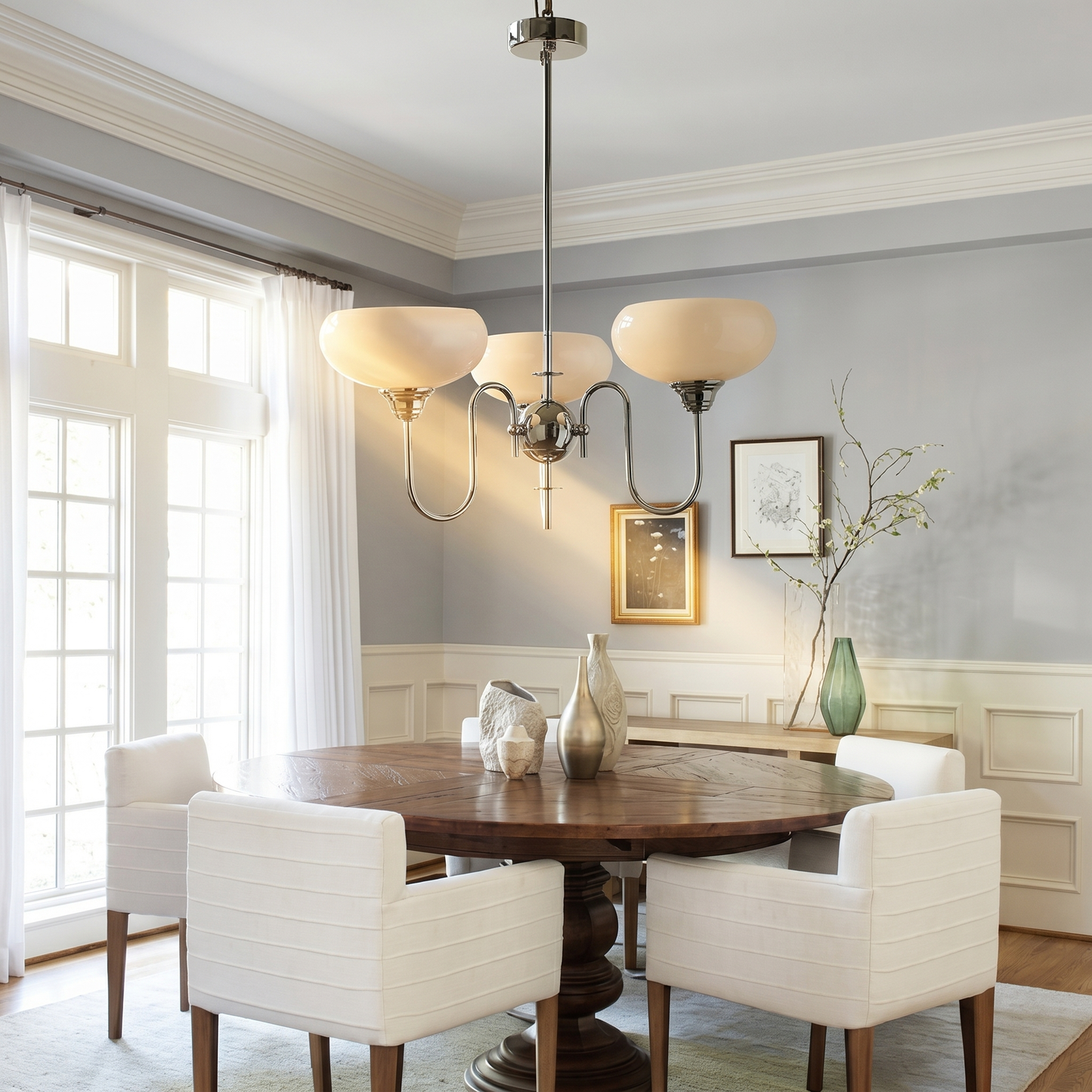 Modern Silver Gooseneck Globe Chandelier - Chrome Mid-Century Pendant