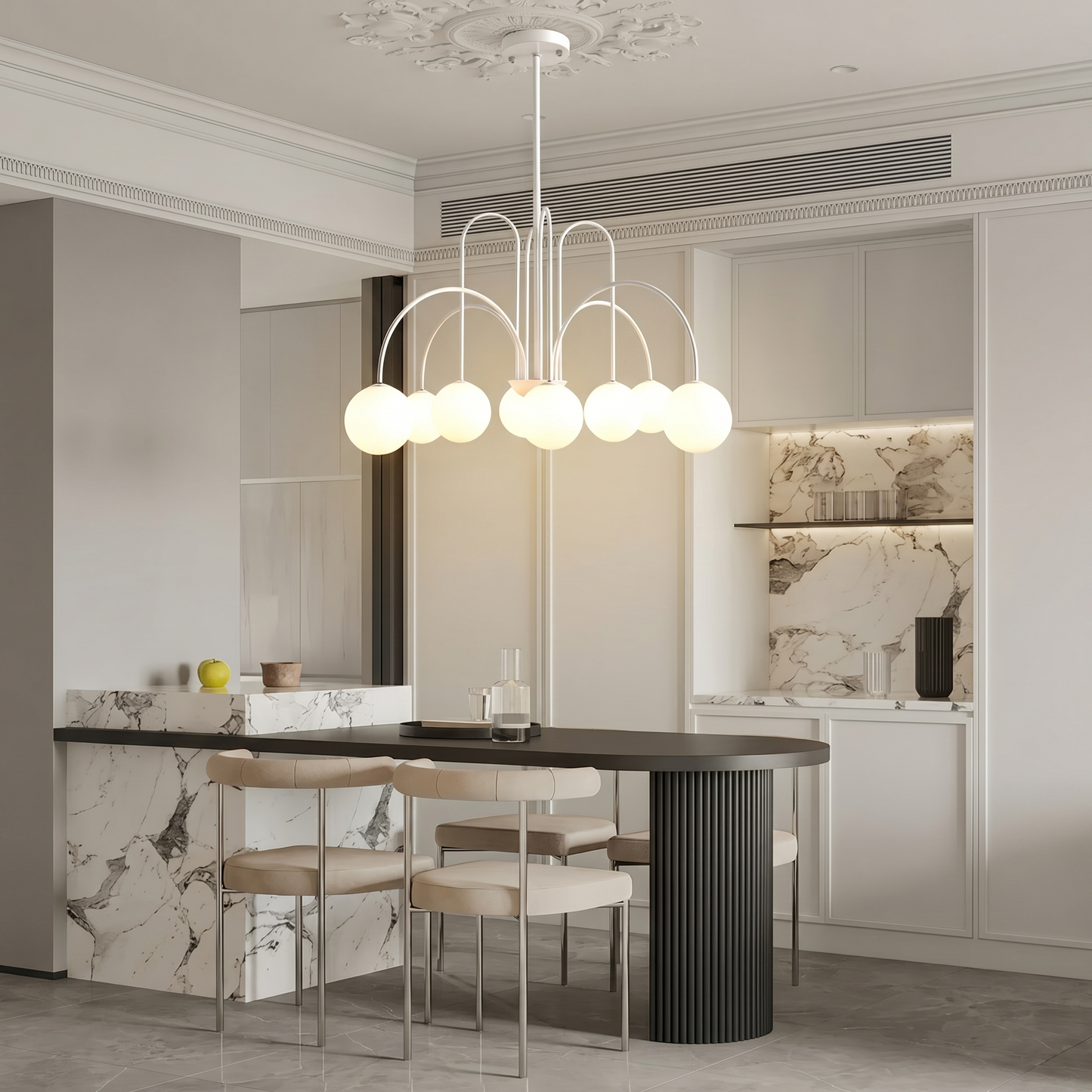 Modern Gooseneck Globe Chandelier - Mid-Century Black Arched Pendant Light