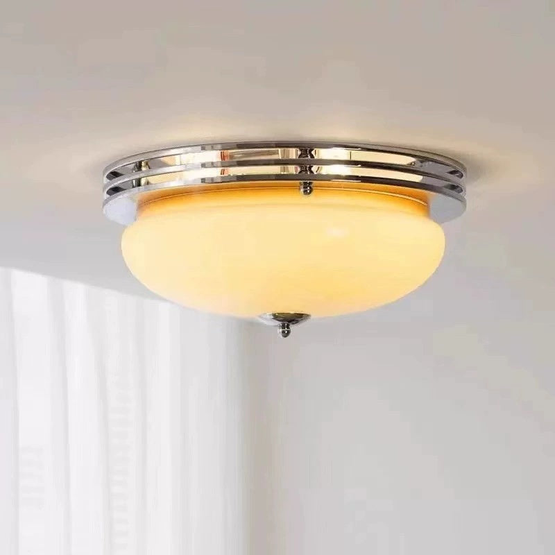 Mid-Century Bauhaus Chrome Flush Mount Ceiling Light - Amber Glass Bowl