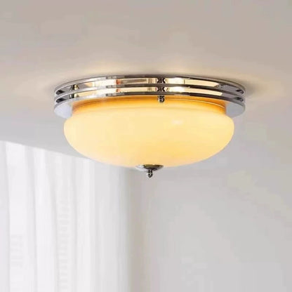 Mid-Century Bauhaus Chrome Flush Mount Ceiling Light - Amber Glass Bowl