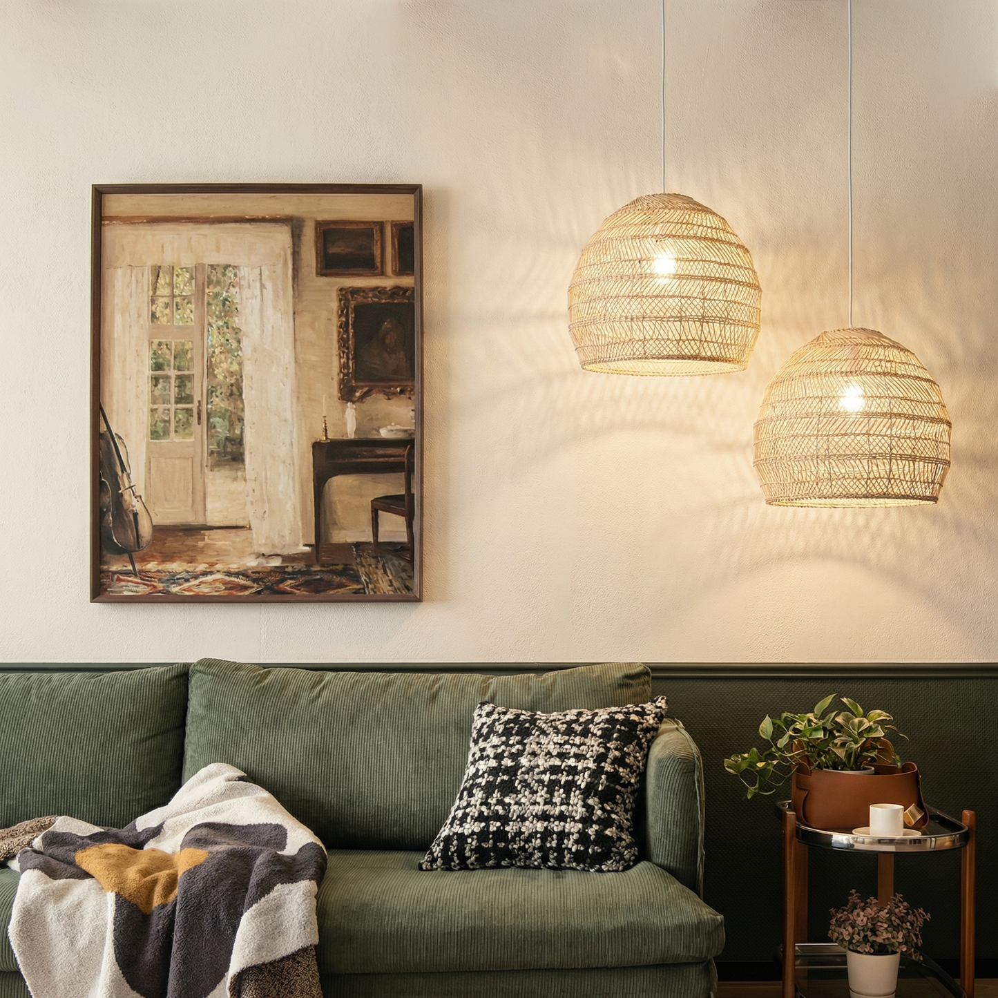 Hand-Woven Rattan Dome Pendant Light - Organic Boho Wicker Chandelier