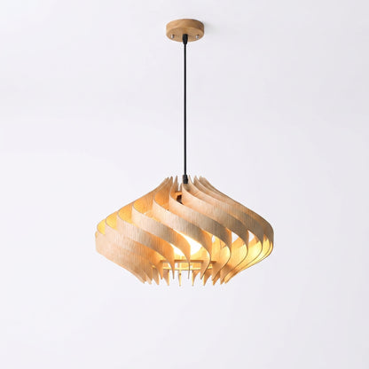 Modern Curved Wood Veneer Swirl Pendant Light - Japandi Onion Dome Chandelier