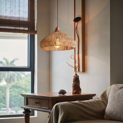 Wabi-sabi Retro Rattan Pendant Wicker Light Fixture Hand-Woven Coastal Boho Dome Lamp