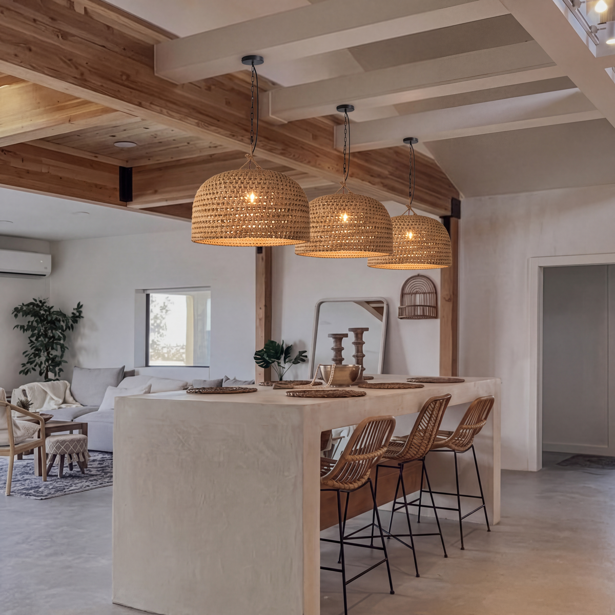 Hand-Woven Jute Rope Pendant Light - Coastal Dome Basket Chandelier