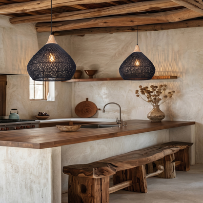 Modern Matte Black Rattan Pendant Light - Industrial Teardrop Chandelier