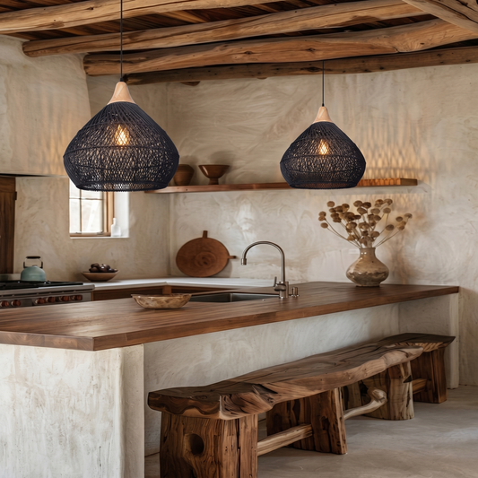 Modern Matte Black Rattan Pendant Light - Industrial Teardrop Chandelier