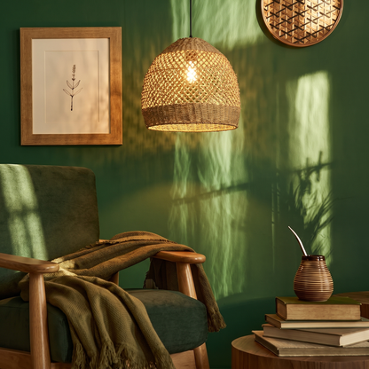 Natural Seagrass Pendant Light Handmade Lampshade - Japandi Open Lattice Dome
