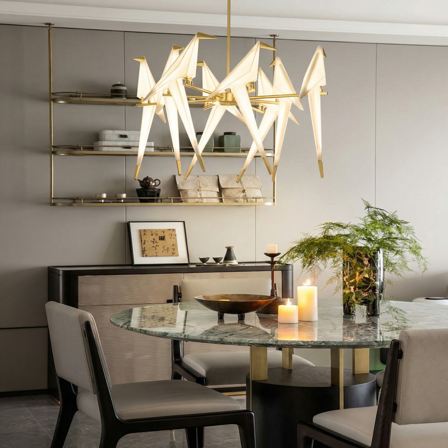 Large 8 Lights Origami Bird Chandelier - Gold Branching Perch Lamp