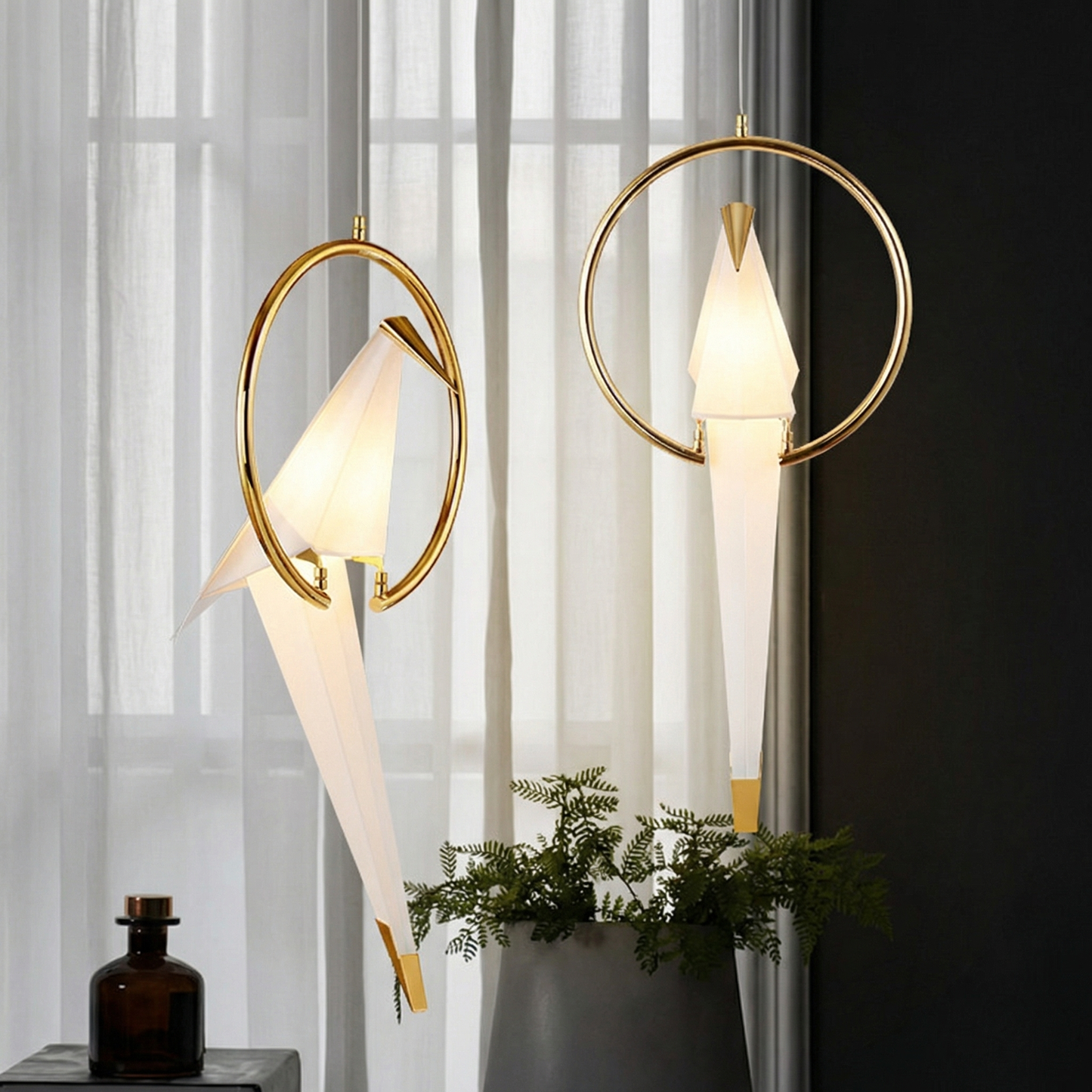 Single Origami Bird Pendant Light | Gold Modern Bedside Lamp