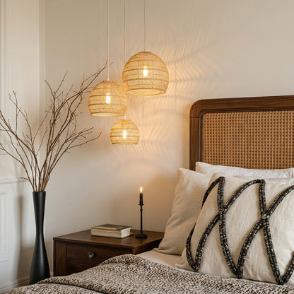 Hand-Woven Rattan Dome Pendant Light - Organic Boho Wicker Chandelier