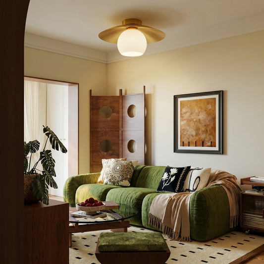 Modern Brass Cap Hallway Ceiling Light - Mid-Century Opal Glass Flush Mount