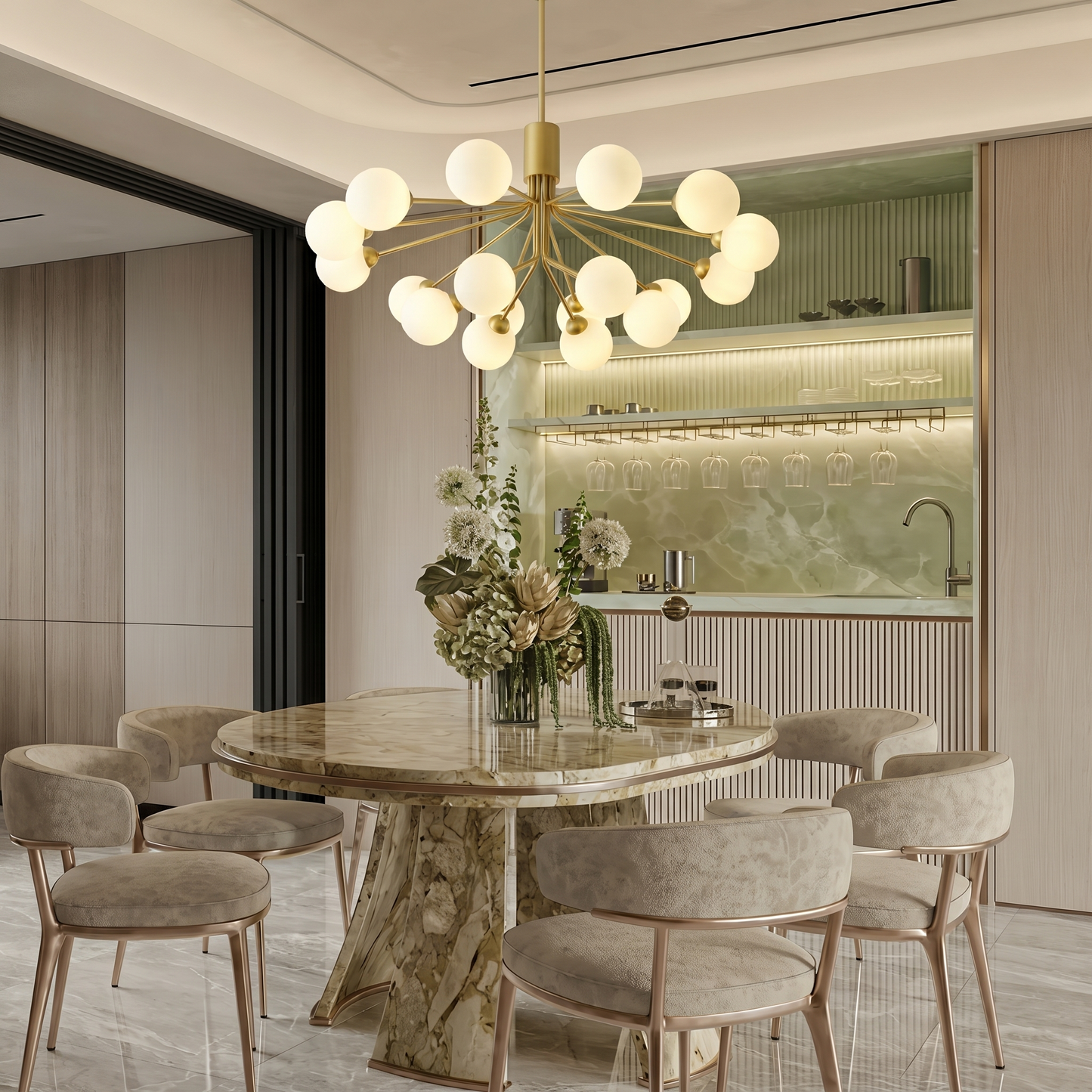 Modern Branching Globe Chandelier - Nordic Gold 18-Light Pendant