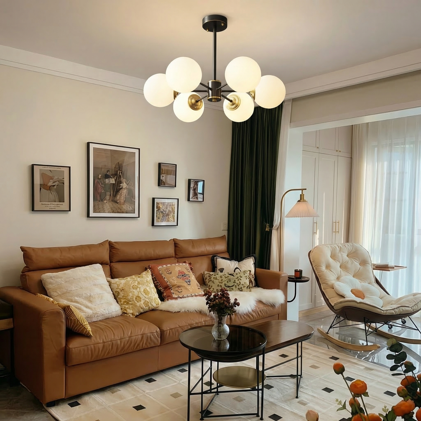 Modern Black & Brass Sputnik Chandelier - 4/6/8 Light Globe Lamp