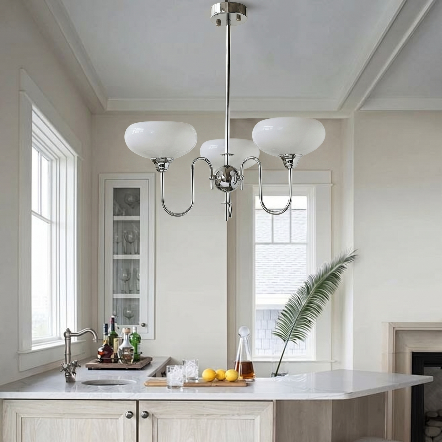 Modern Silver Gooseneck Globe Chandelier - Chrome Mid-Century Pendant