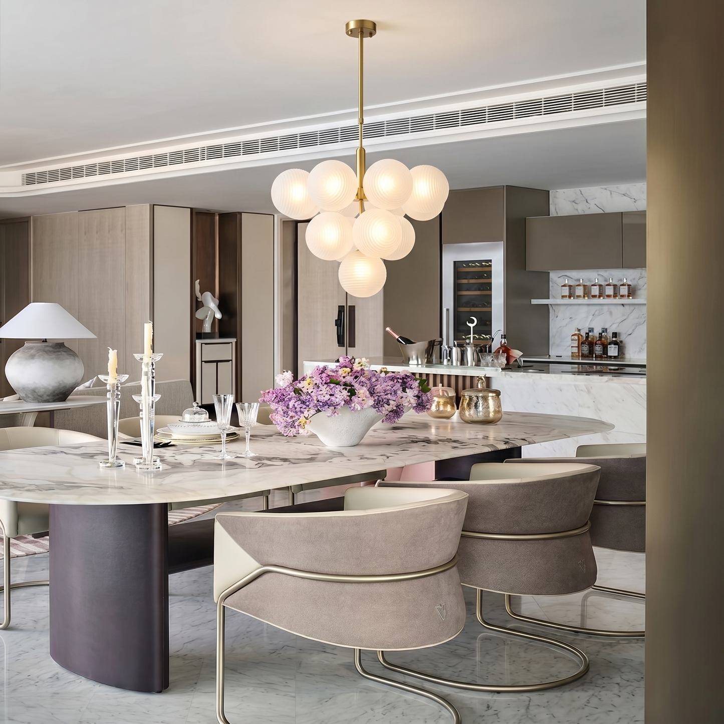 Modern Ribbed Glass Globe Chandelier - Nordic Brass Cluster Pendant Light