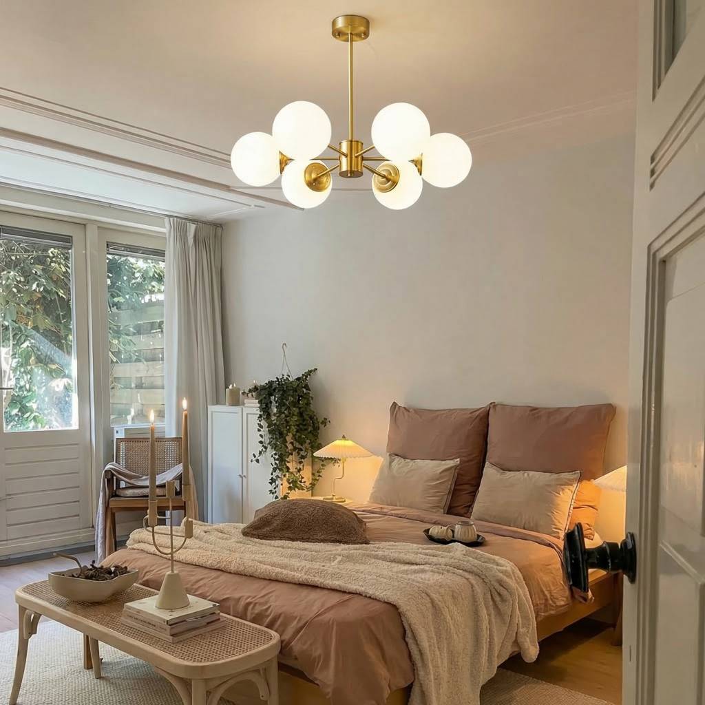 Modern Brass Sputnik Chandelier - 6-Light Opal Globe Chandelier