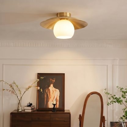 Modern Brass Cap Hallway Ceiling Light - Mid-Century Opal Glass Flush Mount