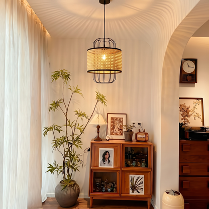 Modern Rattan Cane Lantern Pendant - Mid-Century Wire Birdcage Chandelier