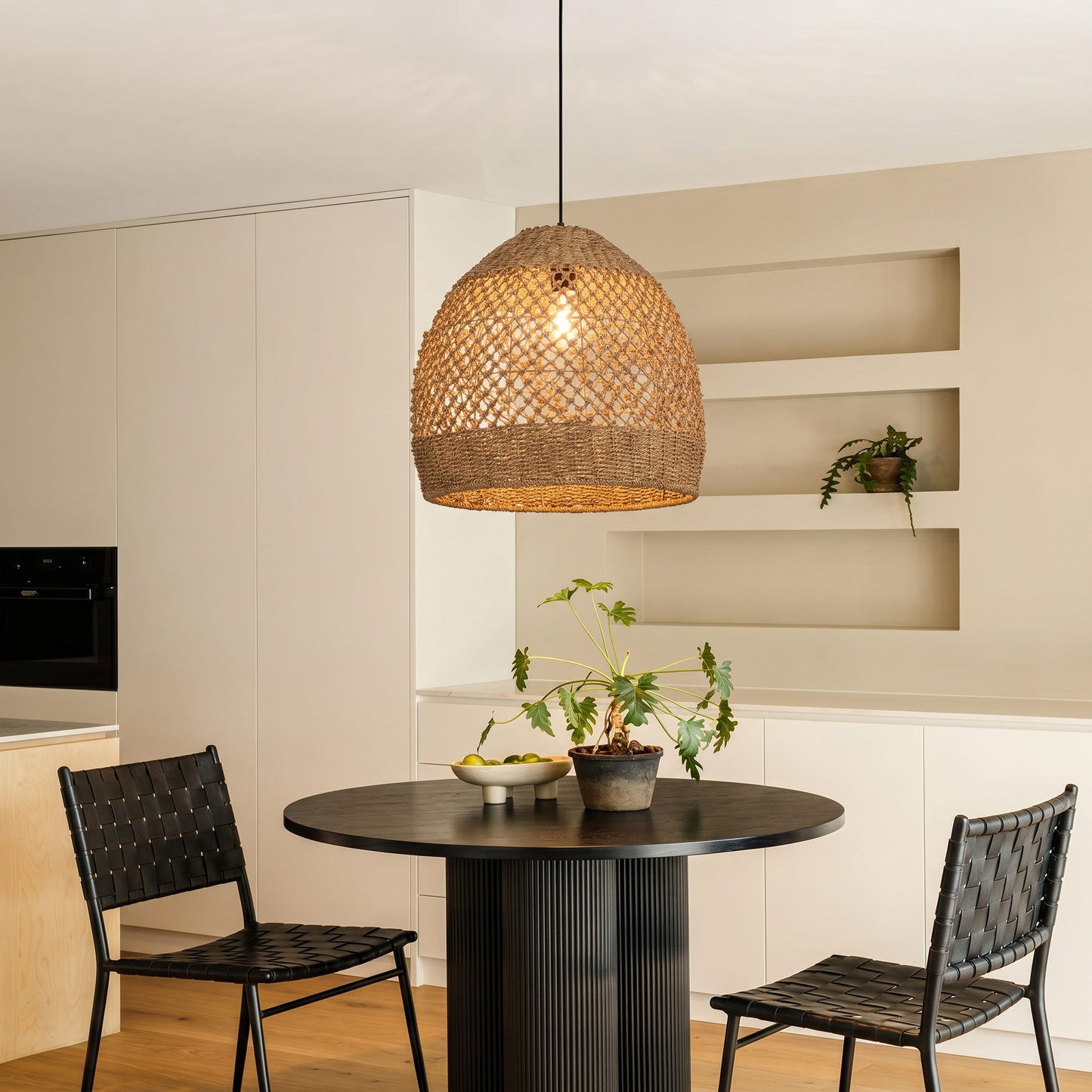 Natural Seagrass Pendant Light Handmade Lampshade - Japandi Open Lattice Dome