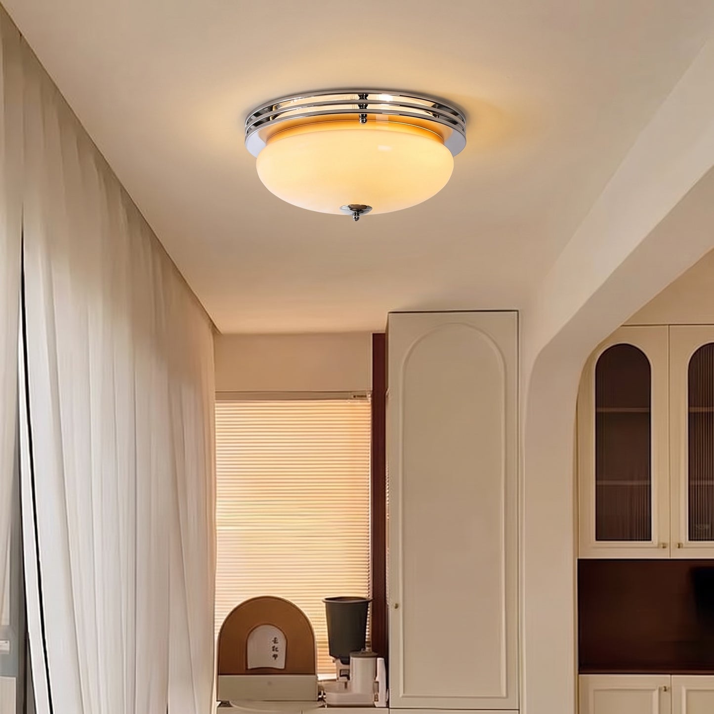 Mid-Century Bauhaus Chrome Flush Mount Ceiling Light - Amber Glass Bowl