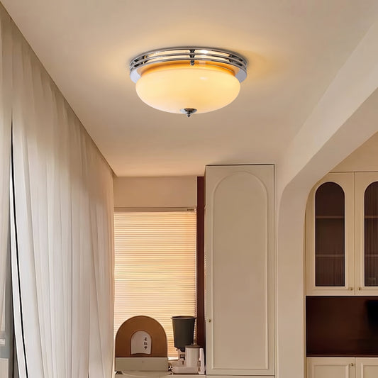 Mid-Century Bauhaus Chrome Flush Mount Ceiling Light - Amber Glass Bowl